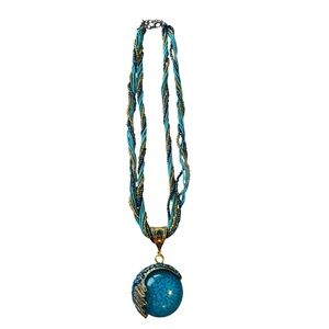 Bohemian Blue & Gold Resin Pendant Necklace with Rhinestone accents